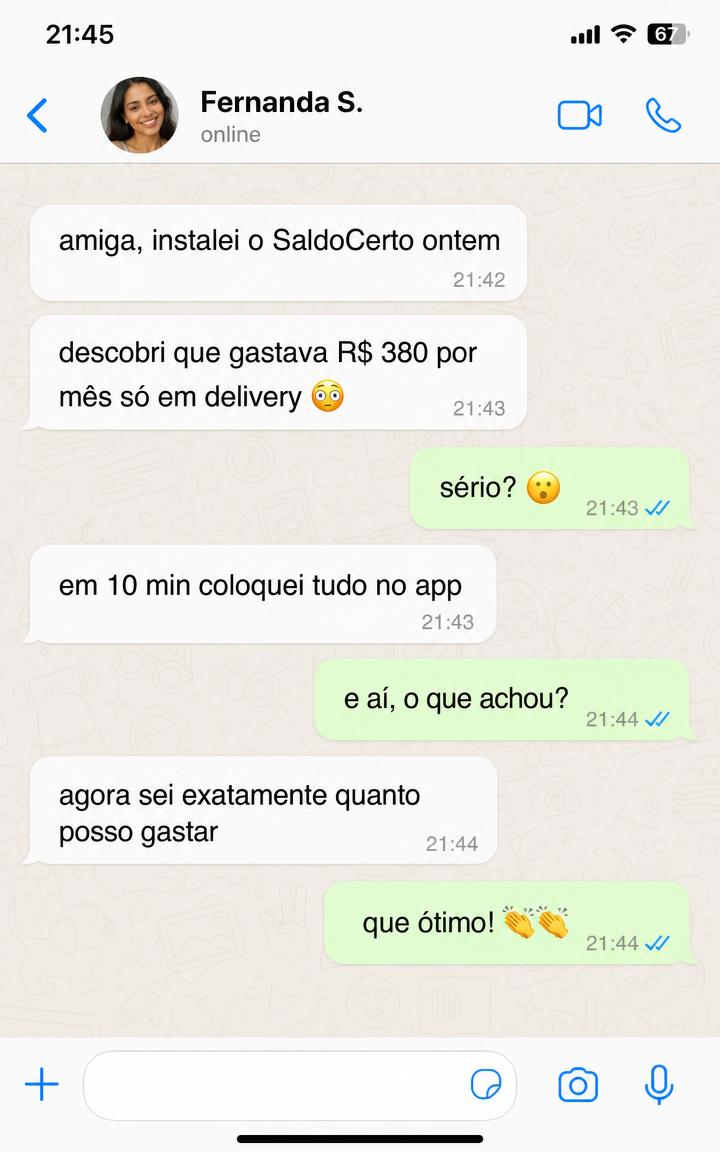Conversa no WhatsApp: usuária descobre que gastava R$ 380 por mês em delivery usando o SaldoCerto